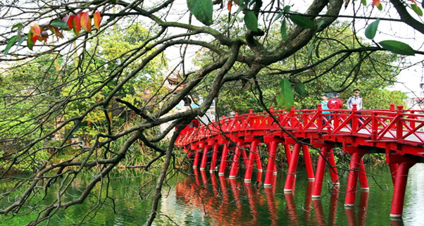 The Huc Bridge, along with Hoan Kiem Lake are the signature attractions in Hanoi
